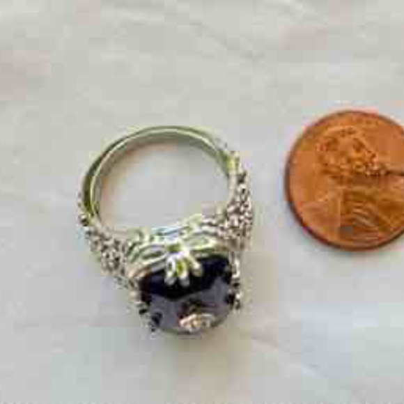 Large  Silver Tone Clear Purple Stone Ring with CZ Accent / Antique Reproduction - Picture 7 of 14